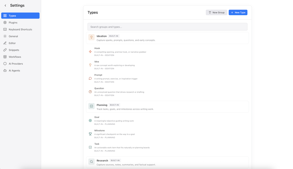 Novelode settings screen with types, plugins, shortcuts, editor, snippets, workflows, and AI provider configuration